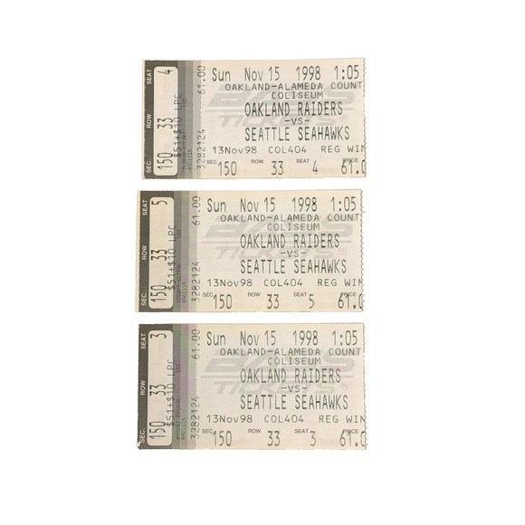 Oakland Raiders Tickets Other - Oakland Raiders vs Seattle Seahawks Ticket Stub Lot 1998 NFL Coliseum Tickets
